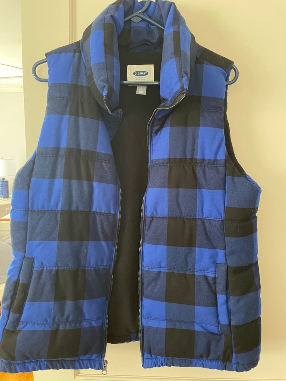 Old Navy Blue and Black Buffalo Plaid Quilted Puffer Vest